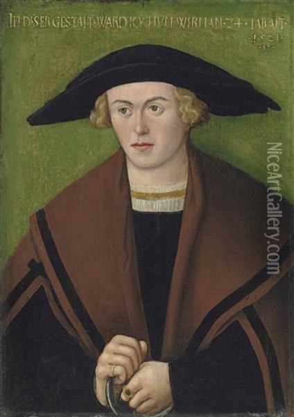 Portrait Of Jochum Wirman, Half-length, In Black Robes And A Brown Cloak, Wearing A Hat Oil Painting - Hans Brosamer