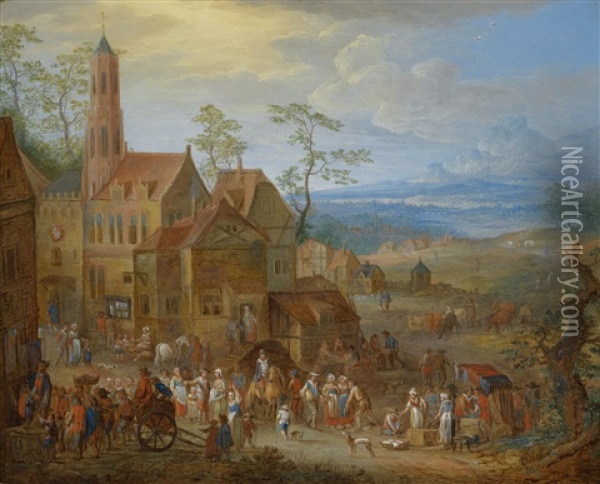 Jahrmarktstreiben Vor Der Kirche; Bauerntanz Vor Der Herberge (pair) Oil Painting - Franz Christoph Janneck