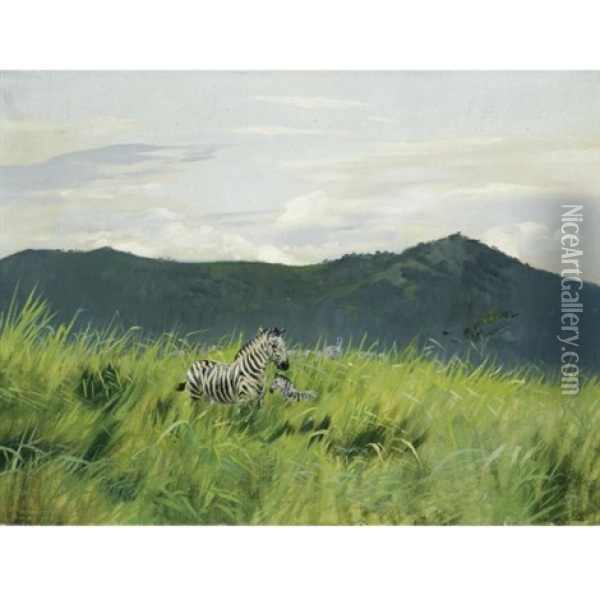 Zebras In Der Steppe - Zebra On The Steppe Oil Painting - Wilhelm Friedrich Kuhnert