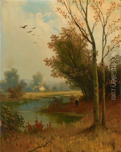 Herbstliche Fluslandschaft (+ Vollmondbeschienene Fluslandschaft; 2 Works) Oil Painting - Carl Rodeck