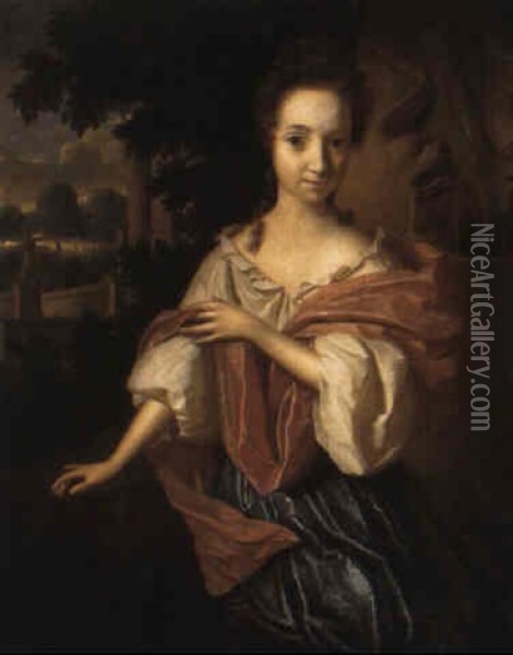 Portrait Of A Lady, In A Blue Dress And Pink Shawl, By A Fountain In A Garden Oil Painting - Aleijda Wolfsen