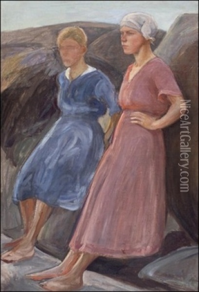 Naisia Rantakalliolla Oil Painting - Pekka Halonen