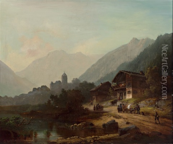 Tiroler Gebirgslandschaft Mit Festung Und Gehoften, Zahlreicher Personenstaffage Und Kleinem Gefahrt Oil Painting - Anton Doll