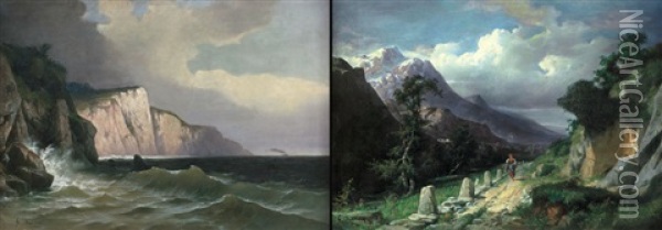 Paesaggio Montano Con Figura (+ Nubi Sul Promontorio; 2 Works) Oil Painting - Giuseppe Falchetti