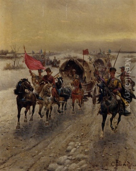 A Siberian Gold Convoy Oil Painting - Adolf (Constantin) Baumgartner-Stoiloff