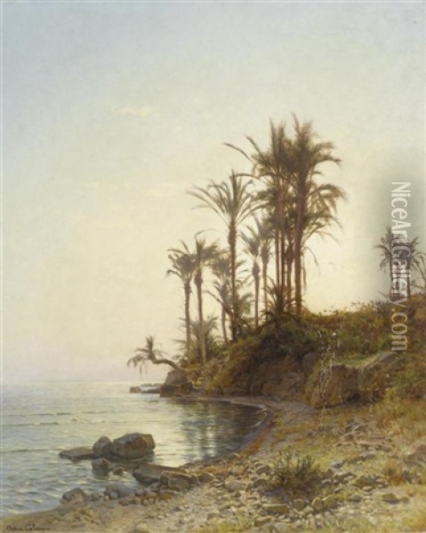 Kustenlandschaft Mit Palmen Oil Painting - Jean-Baptiste-Arthur Calame