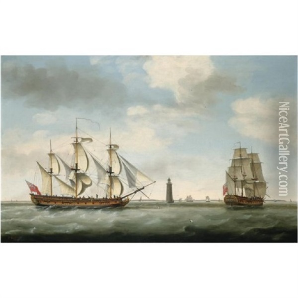 Captain John Carr And His Ship "vere", In Two Positions Off The Eddystone Lighthouse Oil Painting - Francis Holman