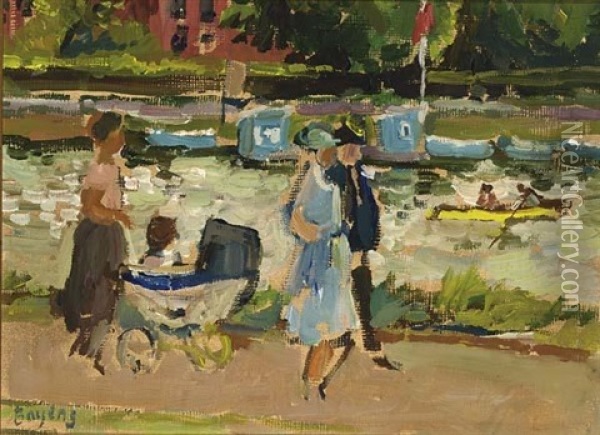 Strolling Along The Riverside On A Sunny Afternoon Oil Painting - Han Bayens