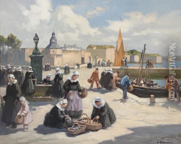 A Busy Quay In Brittany Oil Painting - Henri Alphonse Barnoin