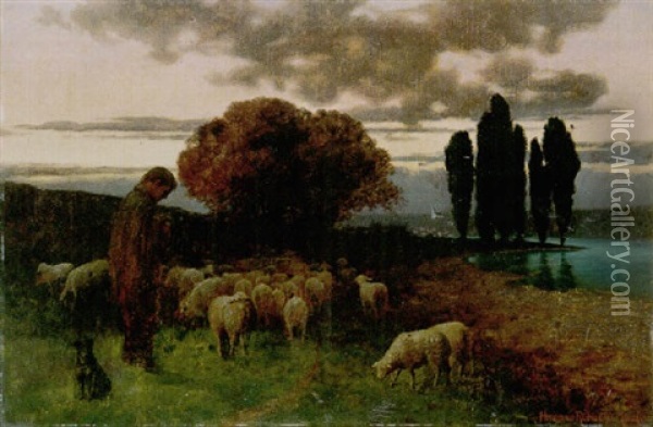 Schafer Mit Seiner Herde In Der Abenddammerung Oil Painting - Traugott Hermann Ruedisuehli