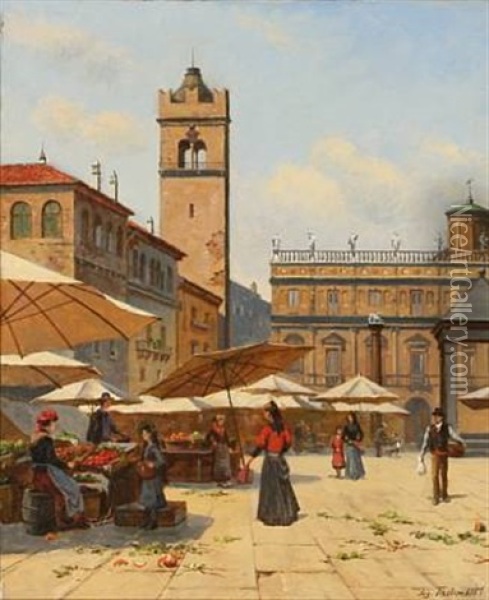 Piazza Del'erbe In Verona Oil Painting - August Fischer