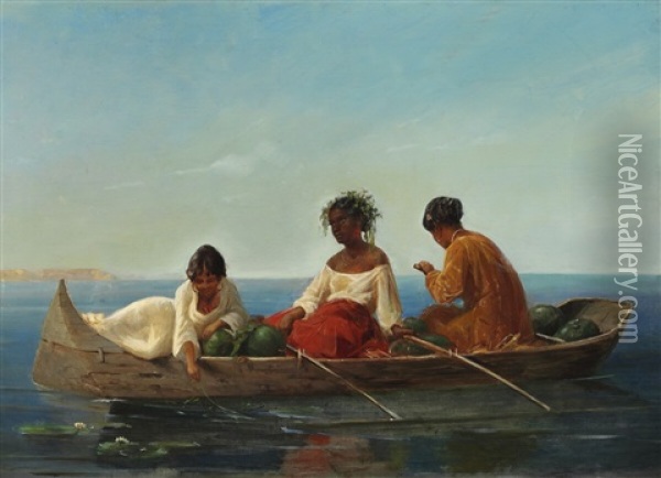 Tahitian Women Bringing Fruit To The Corvette Galathea Oil Painting - August (Poul A.) Plum