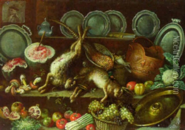 Dead Hares, A Pheasant, Funghi, Fruits, Asparagus And A Salver With Pewter Plates On A Shelf Oil Painting - Samuel Hofmann