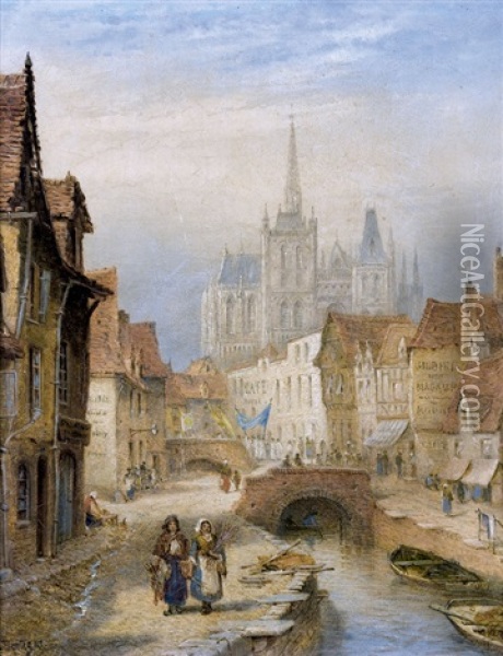 Altstadthauser An Einem Kanal Mit Kathedrale Oil Painting - Alfred Montague