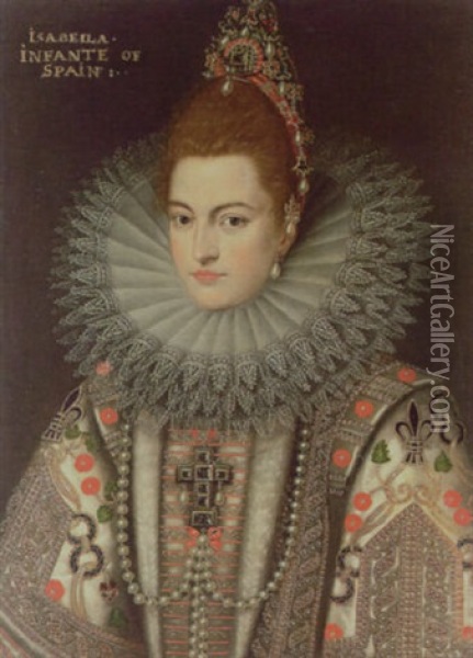 Portrait Of The Infanta Isabella Of Spain Wearing A Richly Embroidered Robe, White Ruff And Pearl Necklace Oil Painting - Frans Pourbus the younger