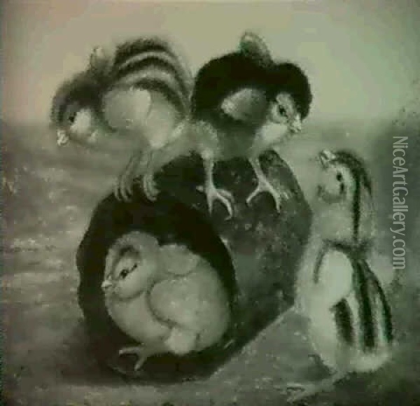 Chicks Playing With Tin Can Oil Painting - Ben Austrian