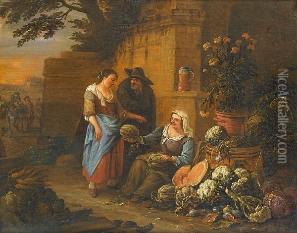 Figures Buying Fruit From A Stall Beside Ruins In An Italianate Landscape Oil Painting - Adriaen de Gryef