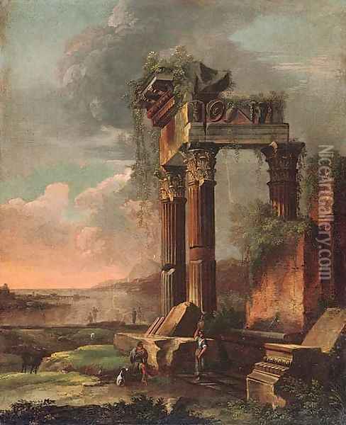 A capriccio of classical ruins with figures in the foreground Oil Painting - Gennaro Greco, Il Mascacotta