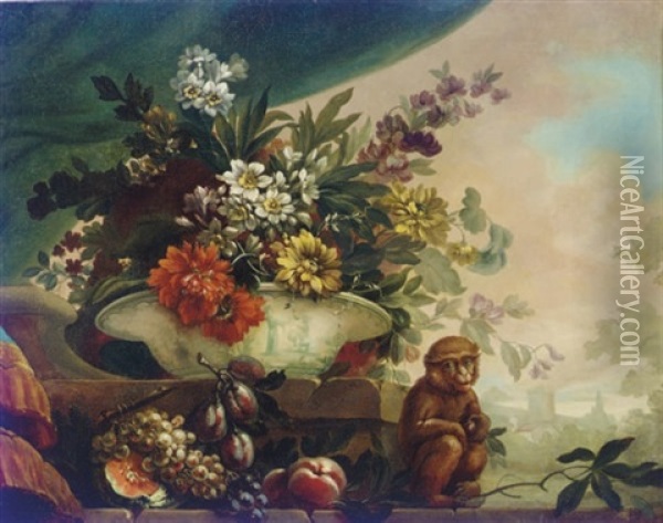 Flowers In A Porcelain Bowl, A Melon, Grapes And Other Fruit On A Ledge Oil Painting - Jean-Baptiste Monnoyer