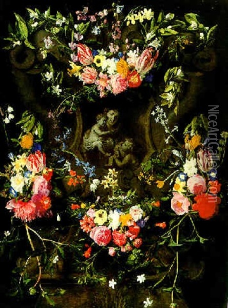 Guirnalda De Flores Con La Virgen, El Nino Y San Juanito Oil Painting - Daniel Seghers