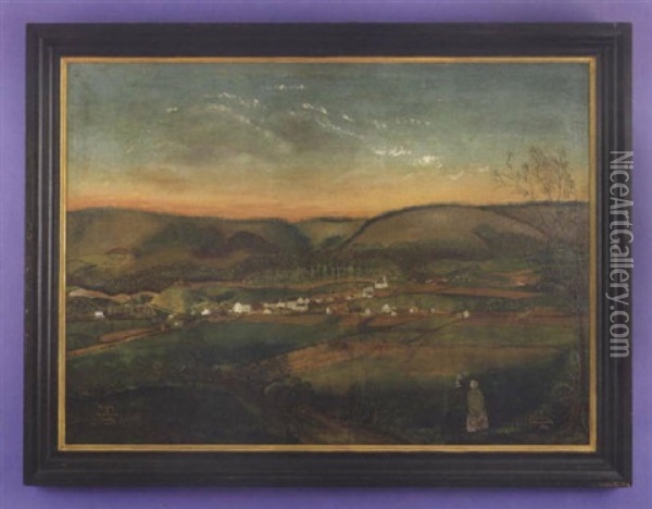 Landscape Of A Town In A Valley With A Couple In The Foreground Oil Painting - Henry Tanworth Wells