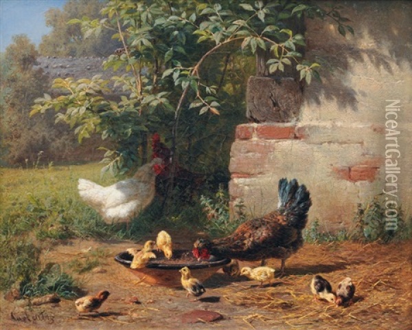 In The Chicken Run Oil Painting - Carl Jutz the Elder