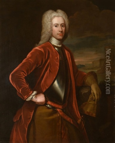 Portrait Of A Gentleman Standing Before A Landscape, Wearing An Armored Breastplate, A Red Velvet Jacket And Powdered Wig, Half Length Oil Painting - Michael Dahl