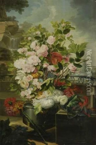 Stillleben Mit Rosen, Nelken, Hortensien Und Lilien In Parklandschaft Oil Painting - Amalia Felipina del Pilar de Borbon
