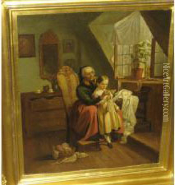 Interior Scene With An Elderly Woman And Child Sewing Oil Painting - Fritz Paulsen