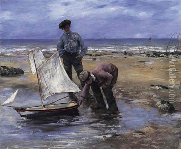 Boating Along The Treport Shore Oil Painting - Norbert Goeneutte