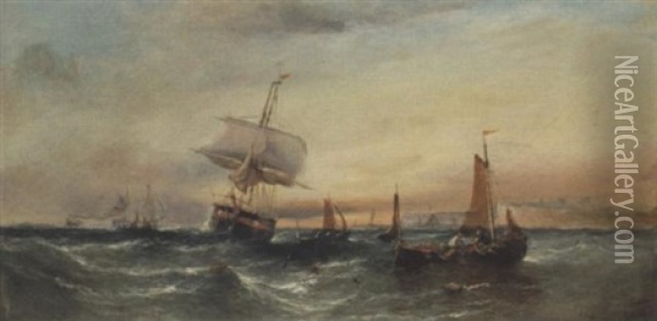 Shipping Off A Coastline Oil Painting - William Callcott Knell