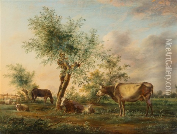 Landschaft Mit Pferd, Kuhen Und Schafen Oil Painting - Johannes I Janson