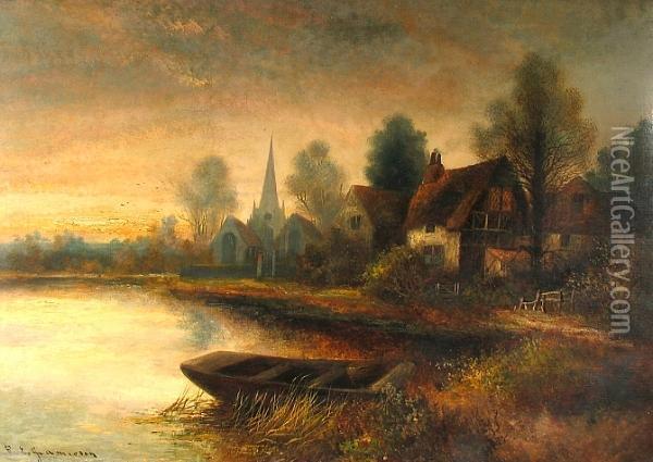 An English River Landscape With A
 Church In The Distance; An English River Landscape With Thatched 
Cottages (a Pair) Oil Painting - Frances E. Jamieson