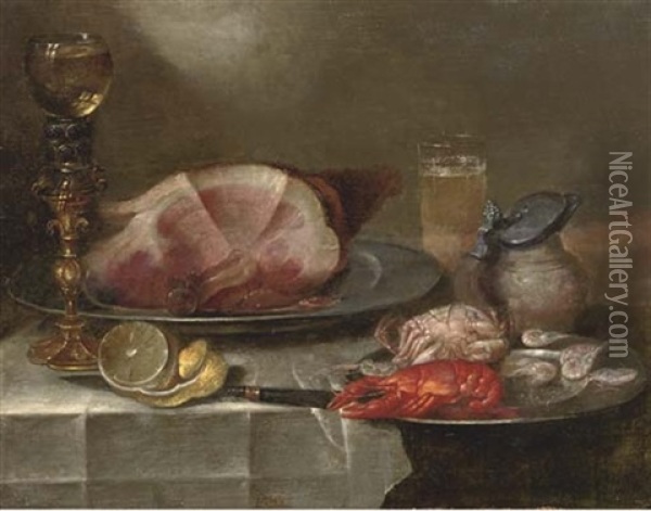 A Ham On A Pewter Plate, A Roemer On A Stand, A Partially Peeled Lemon, A Pewter Plate With A Lobster, A Crab And Shrimps, A Pitcher And A Glass Of Beer Oil Painting - Alexander Adriaenssen the Elder