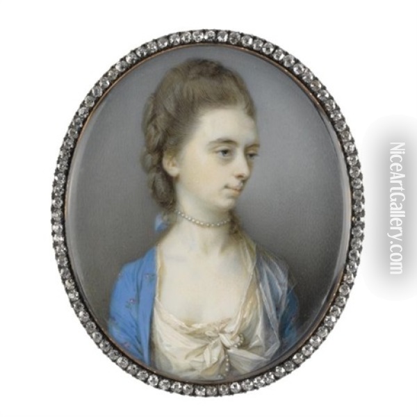 Portrait Of Emily, Countess Of Bellomont, In A White Dress And Blue Surcoat Oil Painting - Jeremiah Meyer