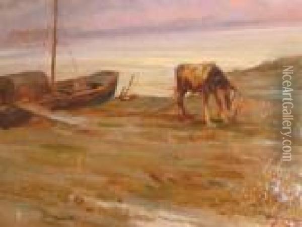 Beach Scene With Horse And Fishing Boat Oil Painting - Carlo Vittori