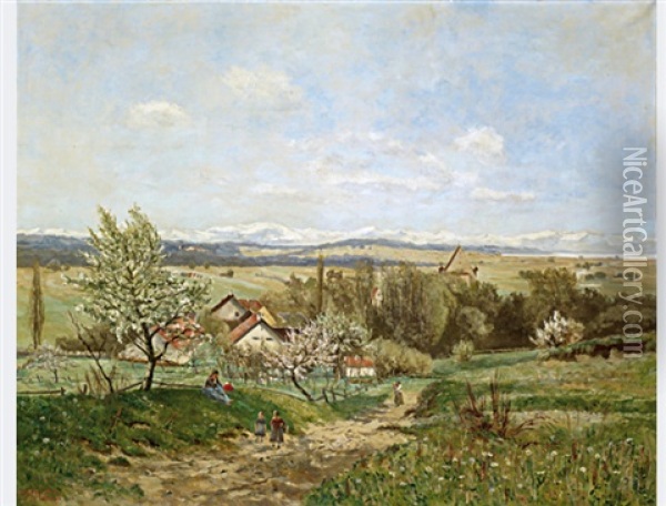 South German Landscape In The Spring, With Views Of A Lake And The Alps Oil Painting - Carl Theodor Meyer-Basel