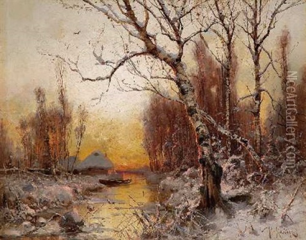 Winterliche Flusslandschaft Im Abendrot Oil Painting - Yuliy Yulevich (Julius) Klever