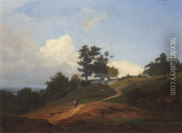 Oberbayrische Landschaft Mit Schafweide Und Wandersmann Oil Painting - Eduard Schleich the Elder
