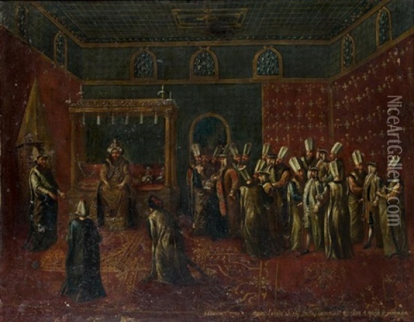 L'audience D'un Ambassadeur Par Le Sultan Et Le Diner Offert Par Le Grand Vizir A L'ambassadeur (pair)(collab. W/workshop) Oil Painting - Jean-Baptiste Vanmour