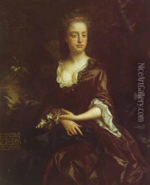 Portrait Of Elizabeth, Duchess Of Somerset, In A Brown Dress And Blue Shawl Oil Painting - John Closterman