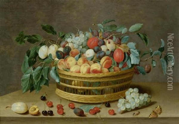 Weidenkorb Mit Fruchten Und Pflaumenblattern Oil Painting - Isaac Soreau