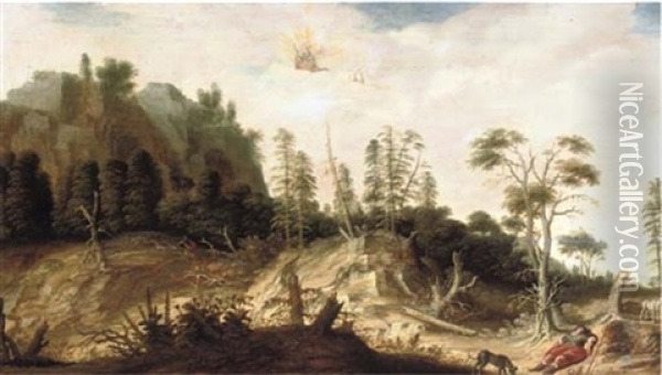 A Rocky Landscape With Venus And Adonis Oil Painting - Joachim Govertsz Camphuysen