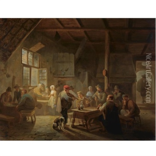 A Busy Tavern Oil Painting - Ferdinand de Braekeleer the Elder