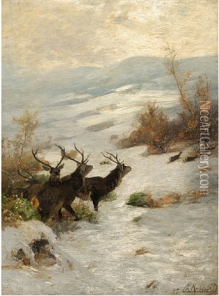 Hirsche Im Schnee Oil Painting - Christian (Johann Christian) Kroener