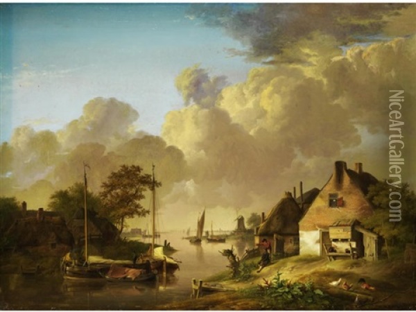 Niederlandische Flusslandschaft Mit Strohgedeckten Hausern Am Ufer, Moorbarken Und Figurenstaffage Oil Painting - Jan van Os