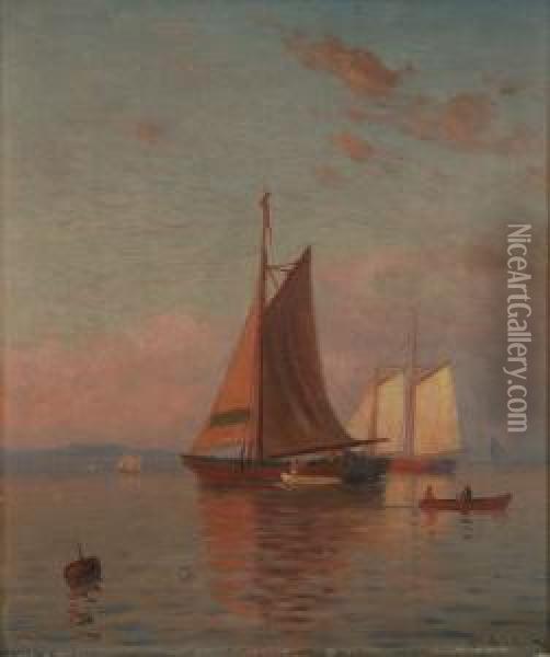 Sunset Coastal Scene With Ships Oil Painting - Lemuel D. Eldred