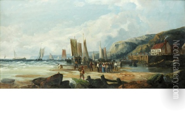 Fishing Boats Coming Into Shore (+ Sorting The Catch; Pair) Oil Painting - John James Wilson