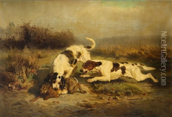 Deux Chiens Coiffant Un Lievre Oil Painting - Jules Bertrand Gelibert