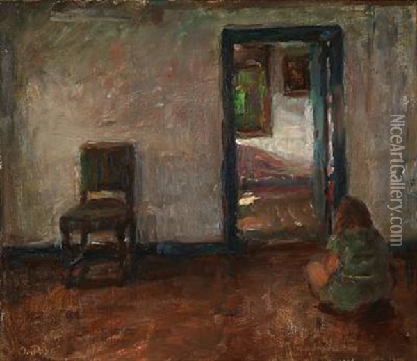 An Interior With A Girl Sitting On The Floor Oil Painting - Julius Paulsen